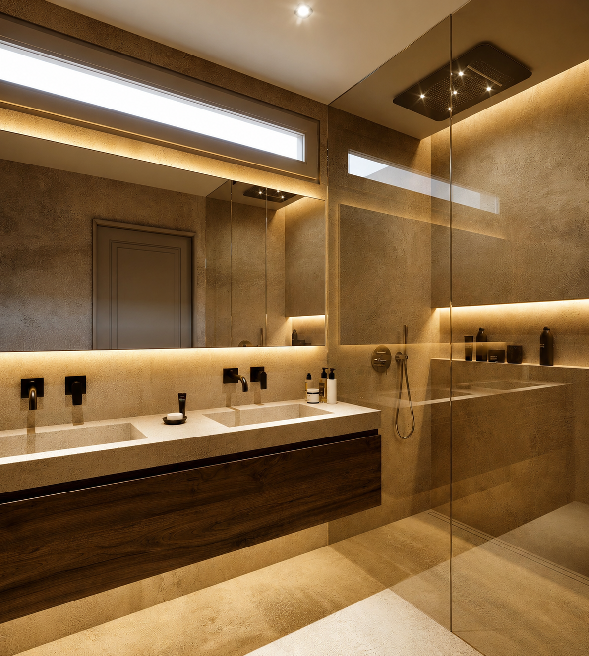 Baño de CasaKary con doble lavabo y ducha de cristal