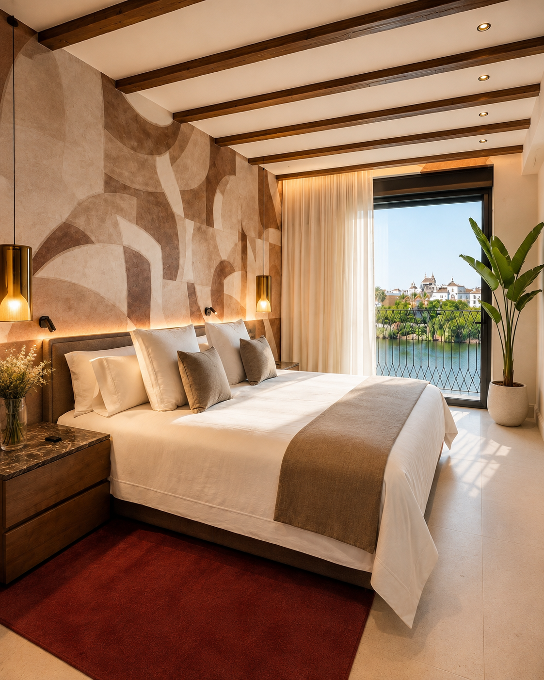 Suite de CasaKary con mural y ventanal abierto al Guadalquivir