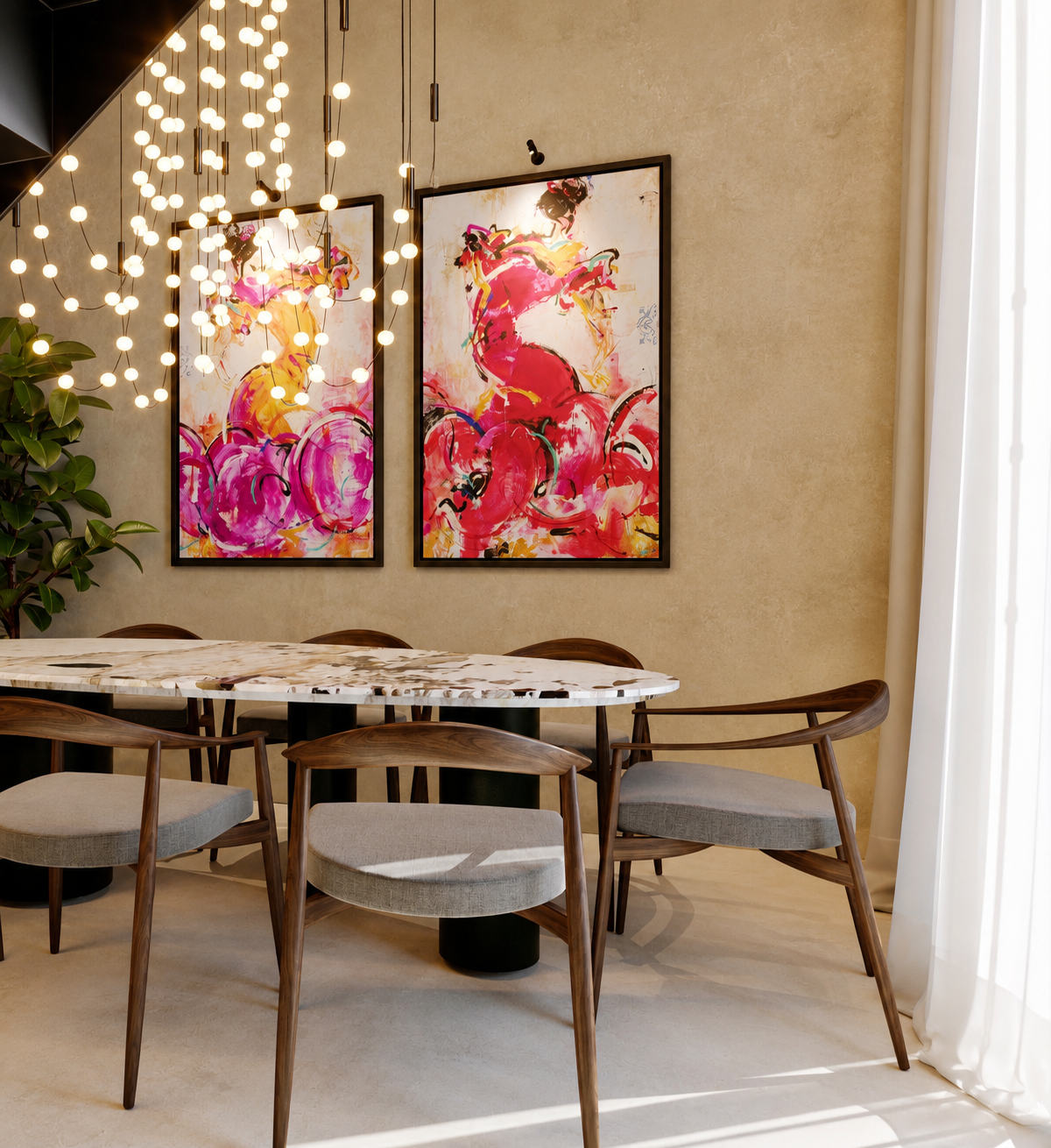 Comedor de CasaKary con la lámpara de luces y las obras de arte
