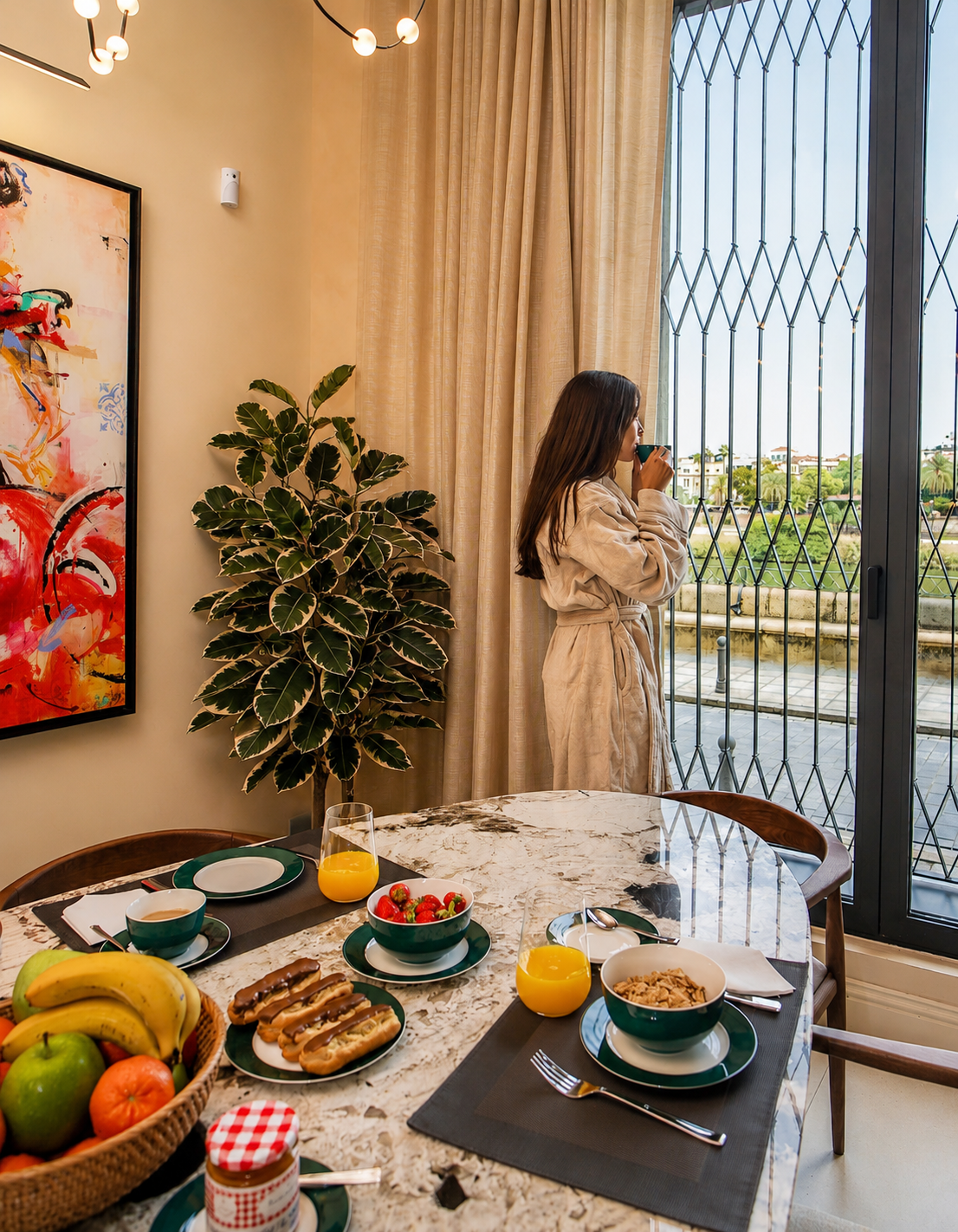 Mesa de desayuno junto al ventanal del comedor