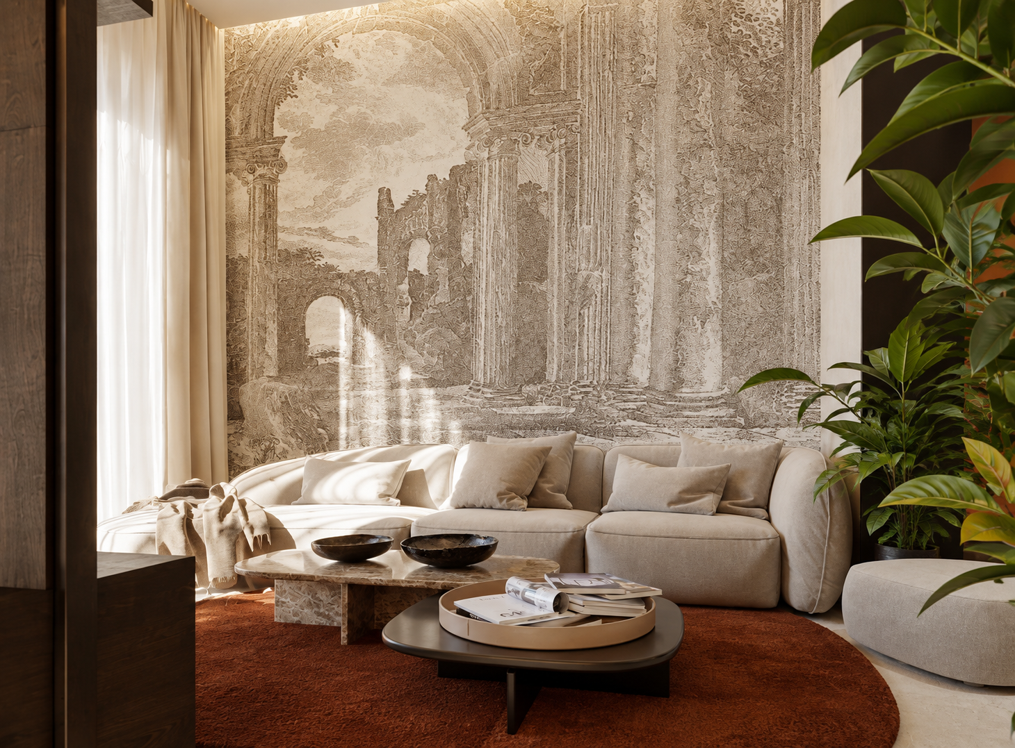 Salón de CasaKary con mural de ruinas y sofá de lino